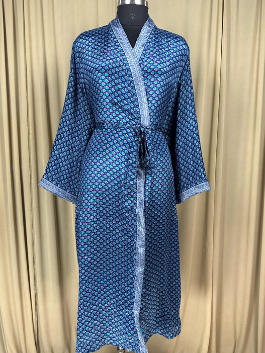 Recycle Silk Sari Women Kimono | Boho Chic Beach Cover Up Vintage Lounge Dressing Robe l Resort Wear Regal Gypsy House Robe | Blue Floral