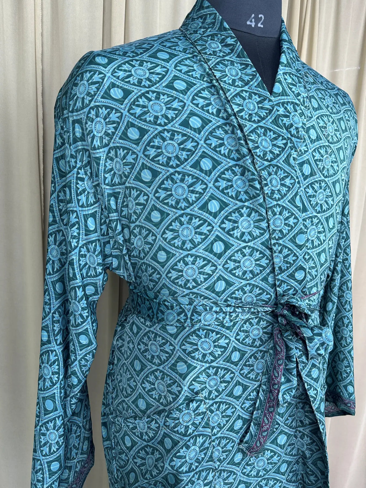 Silky Soft Menâ€™s Kimono Robe Masculine Elegant Classic Sustainable Vintage House Robe gift, Timeless Comfy Lounge Beach Wear Green Geometric