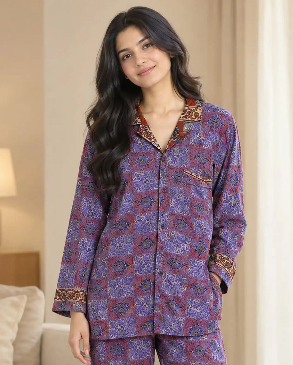 Women's Silk Blend Pajama Set, Recycled Sari Loungewear, Handmade Relaxation Gift, Birthday Gift for Her, Short Sleeve Top, Side Pockets