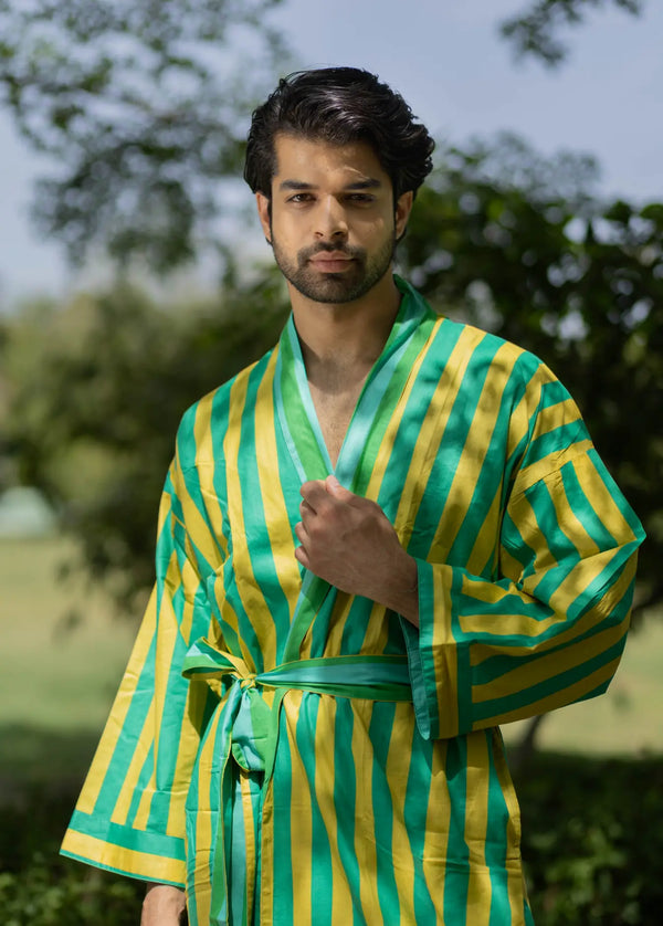 cotton dressing gown kimono Tropical Print Cotton Kimono Robe Long dressing gown 3XL / Teal Green