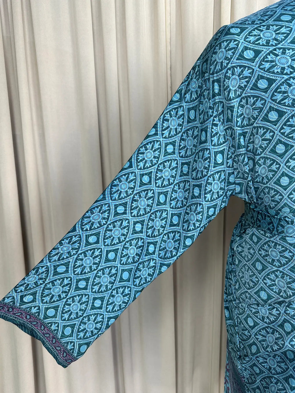 Men's Silky Kimono Robe in green geometric