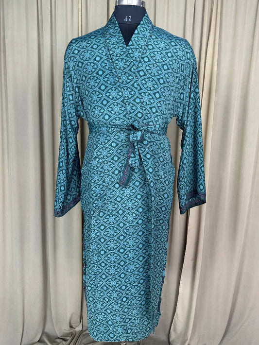 Silky Soft Men’s Kimono Robe Masculine Elegant Classic Sustainable Vintage House Robe gift, Timeless Comfy Lounge Beach Wear Green Geometric