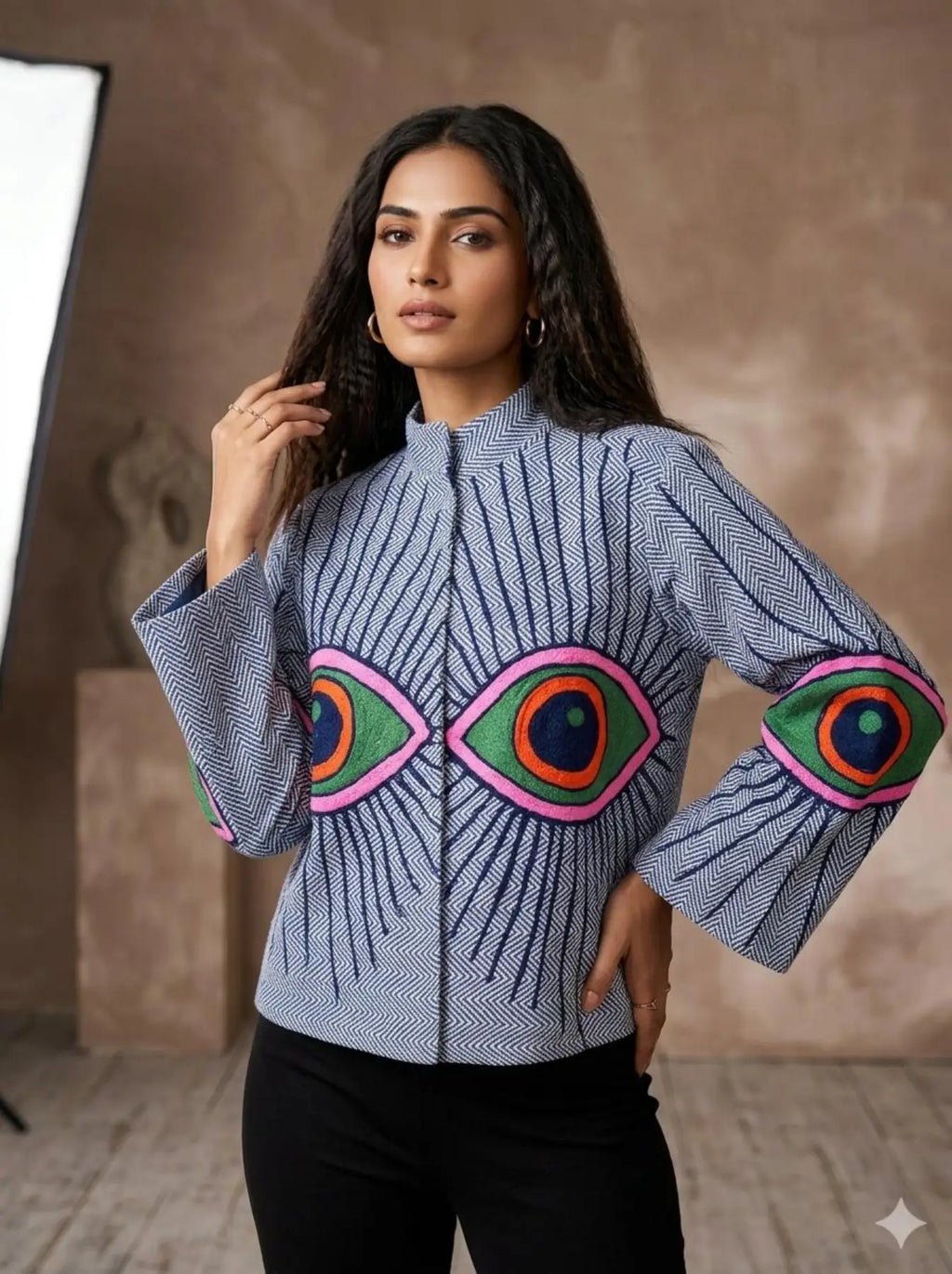Women's Suzani embroidered Cotton Jacket in white geometric