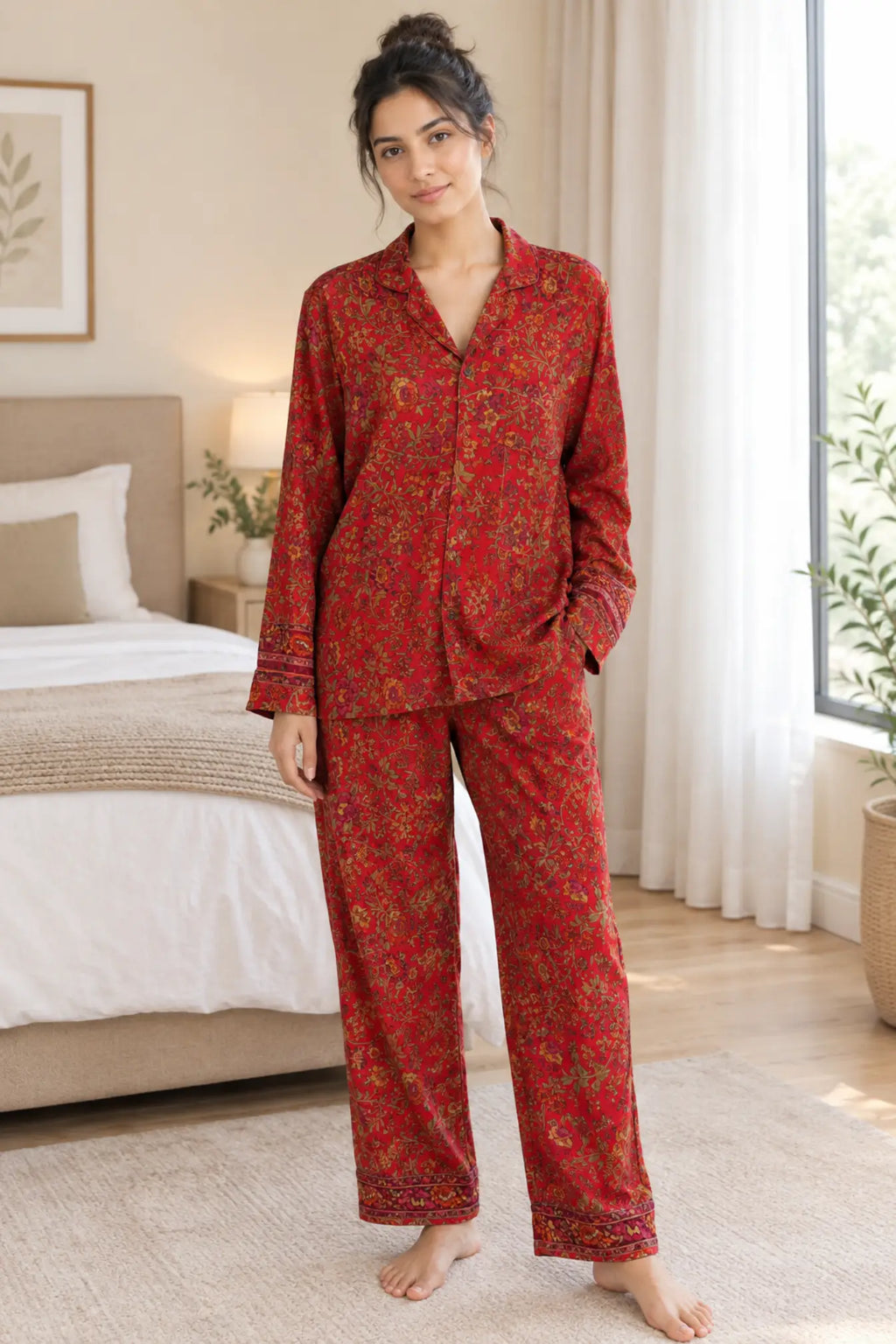 Recycled Silk Sari Pajama Set, Soft Handmade Nightwear, Valentine Gift for Her, Button Down Top, Drawstring Pants, Luxury Lounge Gift