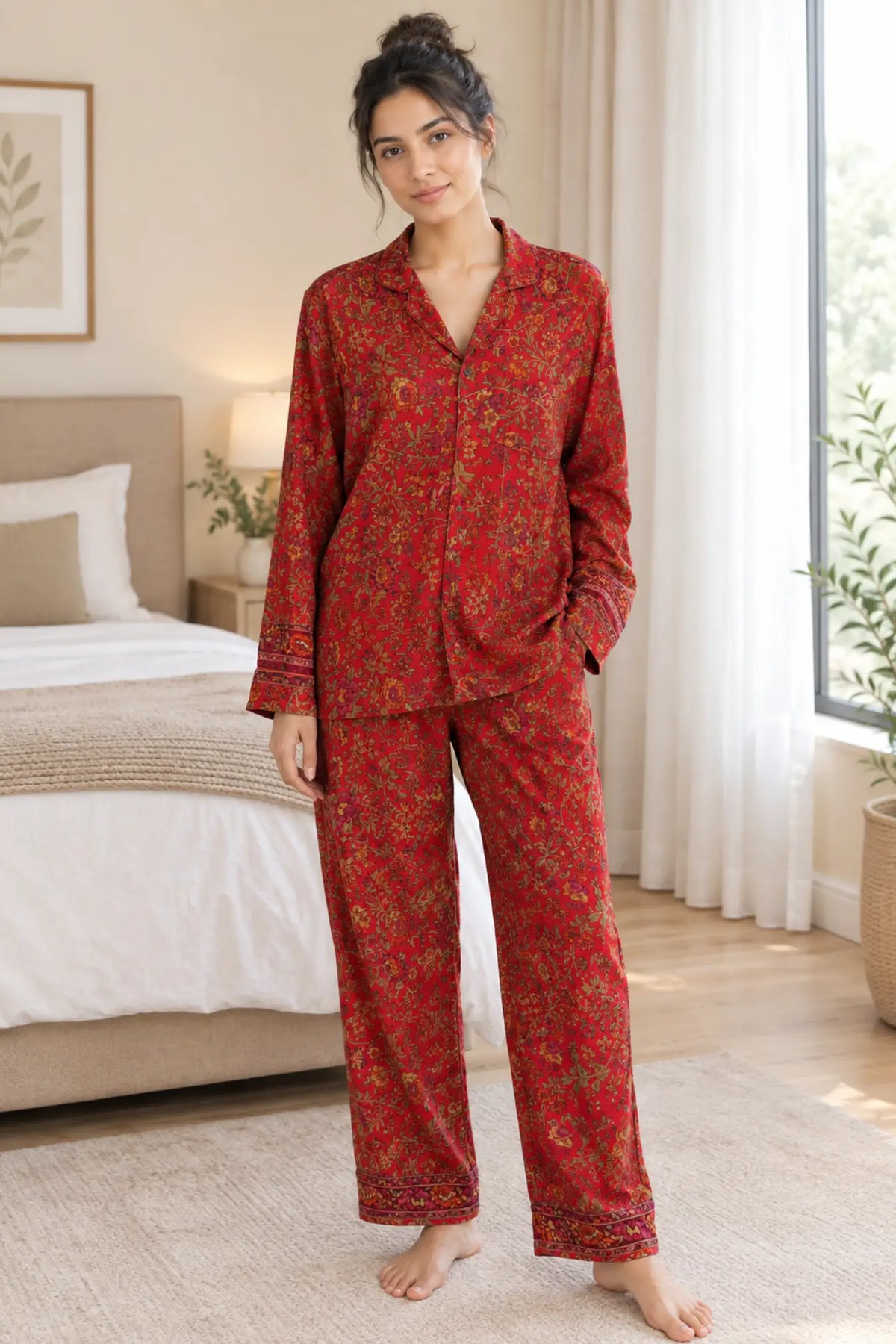 Recycled Silk Sari Pajama Set, Soft Handmade Nightwear, Valentine Gift for Her, Button Down Top, Drawstring Pants, Luxury Lounge Gift