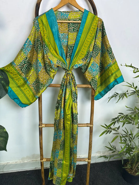 Upcycle Boho Silk Long Women kimono, Boho Chic Robe House Beach Cover Up Vintage Bridesmaid Lounge Dressing Gown Resort Wear Gypsy Nightwear