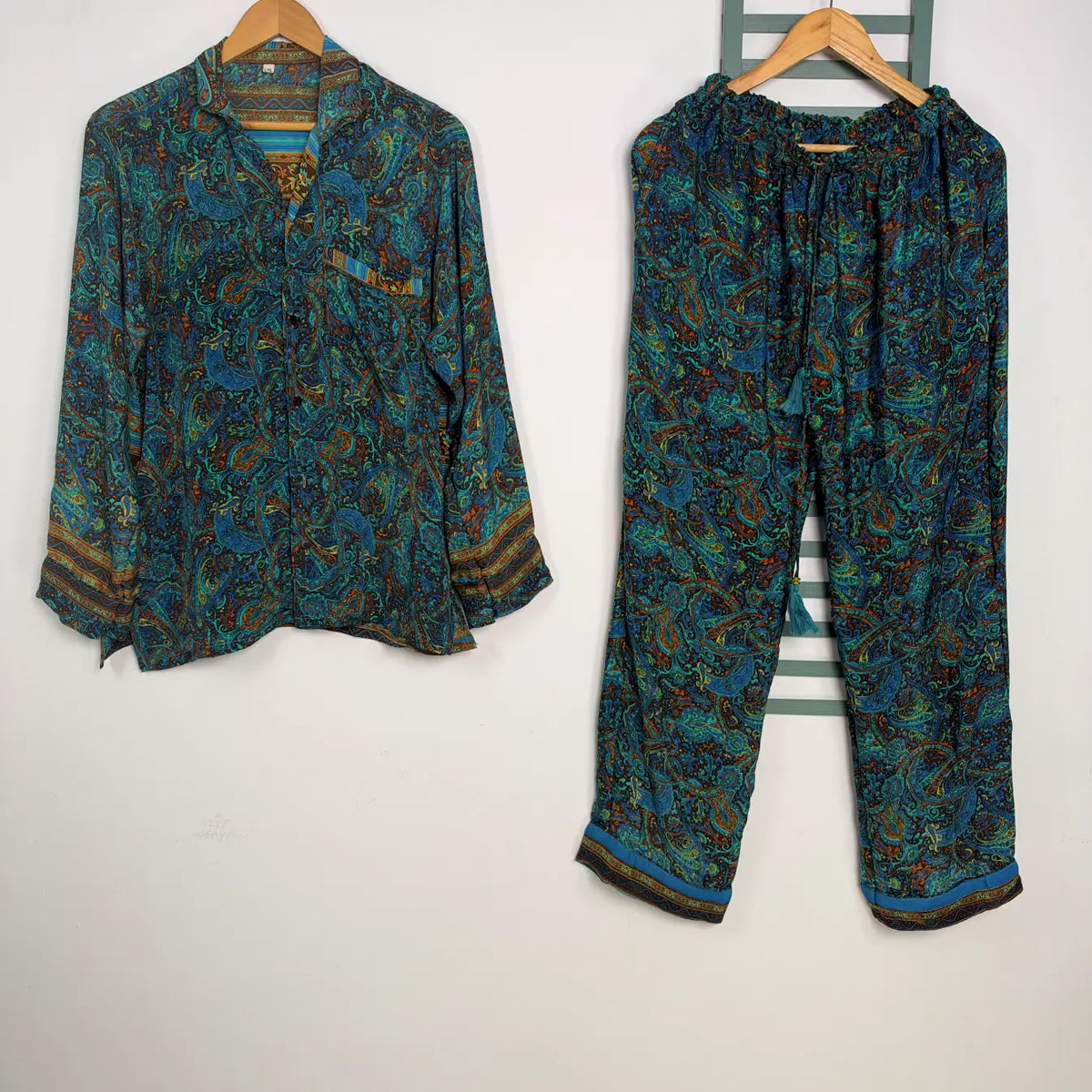 Silky Nightwear Pajama Set, Recycled Sari Silk Blend Luxury Lounge Set, Button Down Top, Drawstring Pants with Side Pockets, Gift
