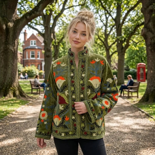 Boho Velvet Suzani Jacket Hand Embroidered | Open Front Coat Winter Wear Free Size Robe | Retro Chic smoking jacket — Blazer Gift for Her