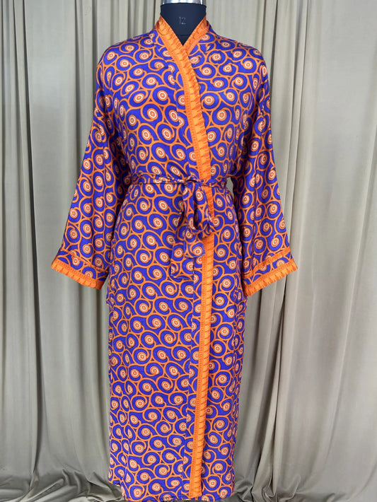 Recycle Silk Sari Women Kimono | Boho Chic Beach Cover Up Vintage Lounge Dressing Robe l Resort Wear Regal Gypsy House Robe Purple Geometric