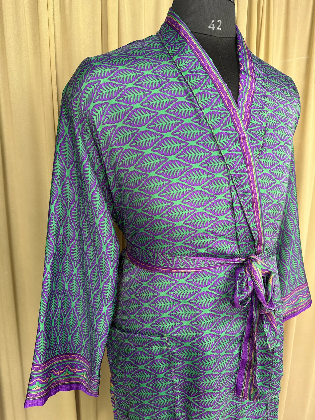Men's Silky Kimono Robe in green floral