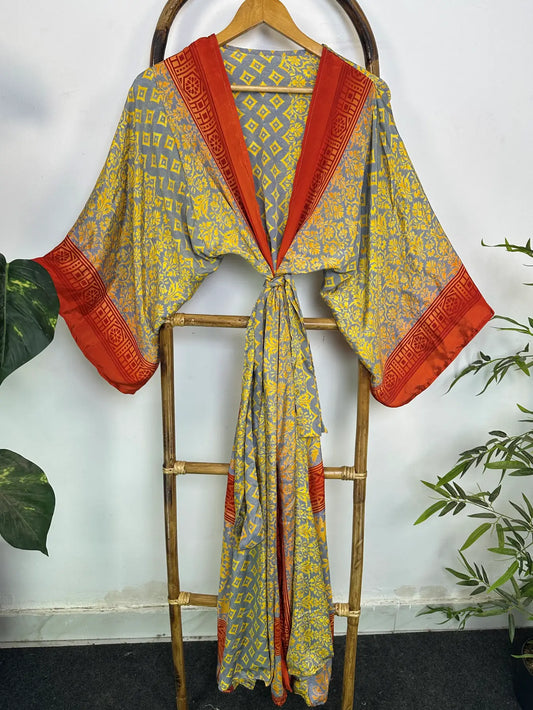 Upcycle Boho Silk Long Women kimono, Boho Chic Robe House Beach Cover Up Vintage Bridesmaid Lounge Dressing Gown Resort Wear Gypsy Nightwear