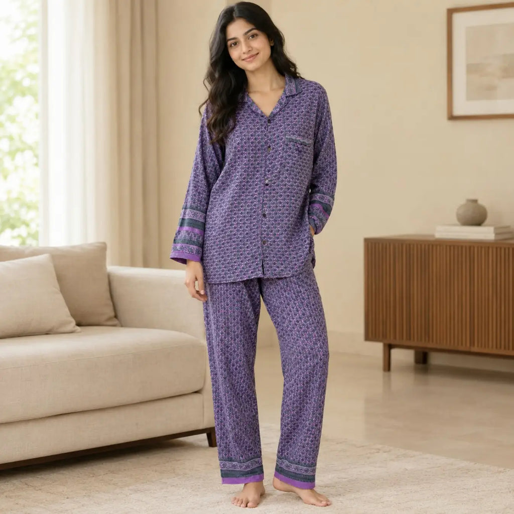 Women's Recycled Silk Sari Pajama Set, Handmade Family Pajamas, Colorful Sleepwear, Short Sleeve Top, Drawstring Pants, Holiday Gift for Mom