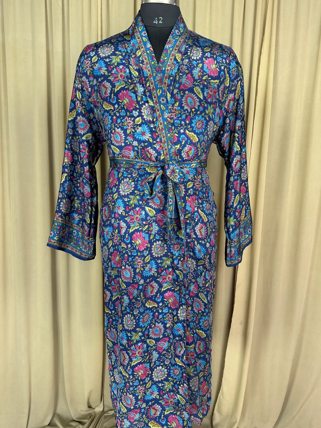 Men's Silky Kimono Robe in blue floral