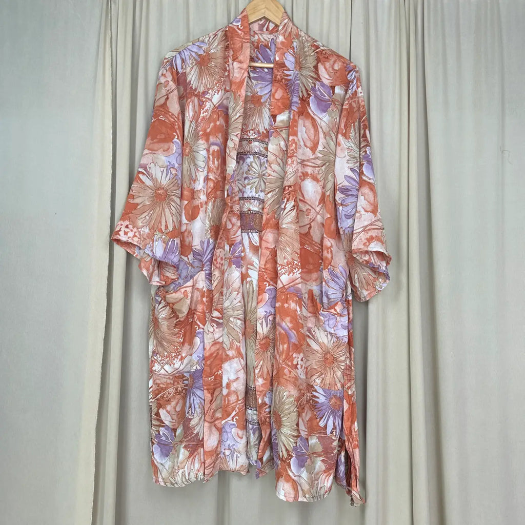 Vintage Silk Sari Boho Kimono | Luxury Loungewear House Robe Flowy Gown, Regal Floral Romance Duster Beach CoverUp, Bridesmaid Dressing Gown