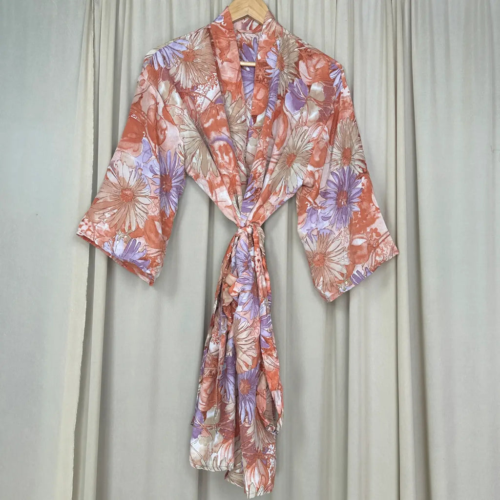 Vintage Silk Sari Boho Kimono | Luxury Loungewear House Robe Flowy Gown, Regal Floral Romance Duster Beach CoverUp, Bridesmaid Dressing Gown