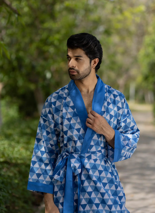 Pure Cotton Boho Men Kimono Robe | Geometric Luxury Dressing Gown Summer Loungewear, Onesie Unisex Bathrobe Relax Fit Beach Outfit Cardigan