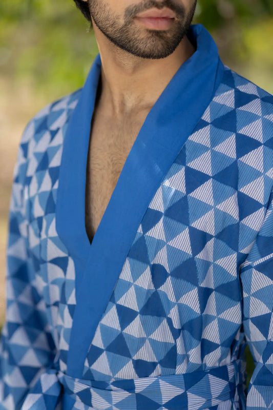 Pure Cotton Boho Men Kimono Robe | Geometric Luxury Dressing Gown Summer Loungewear, Onesie Unisex Bathrobe Relax Fit Beach Outfit Cardigan