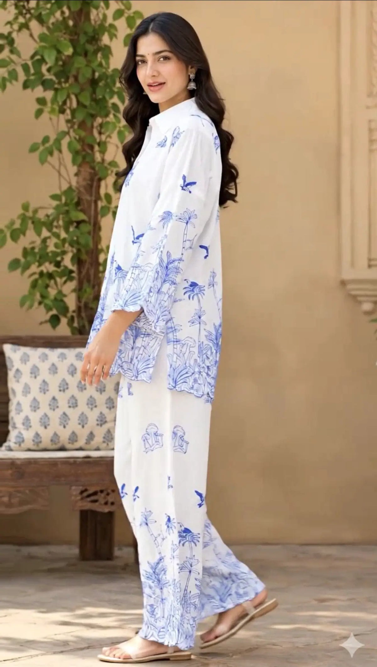 Women's Pyjama Set, Embroidered White Linen Co Ord Set, Blue Floral Wide Leg Pants, Minimalist Boho Loungewear, Gift for Her