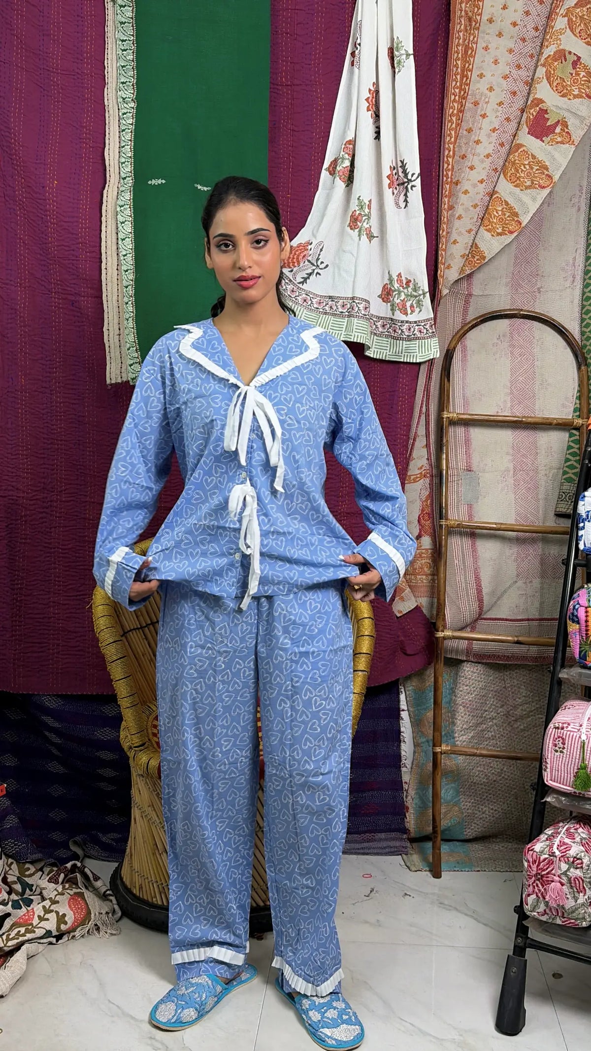 Pure Soft Cotton Hand Block Print Pajama Set | Indian Artisanal Heart Print Two Piece Sleepwear, Sustainable Valentine Gift for Her Mom Day