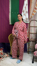 Women's Cotton Pajama Set in red white leaf