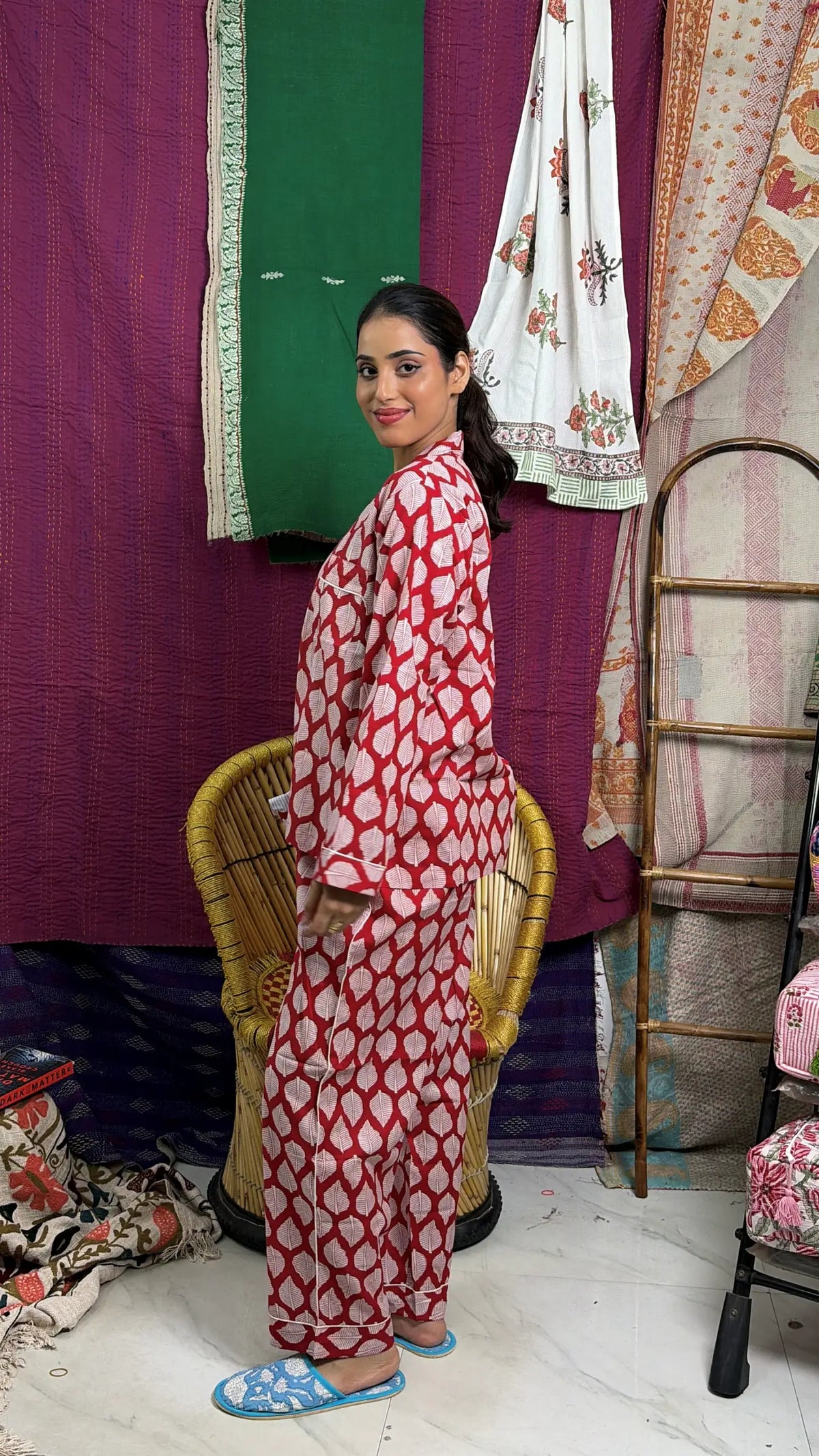Ensemble pyjama en pur coton, chemise de nuit, Panama, bloc à main imprimé, vêtements de nuit, vêtements de salon de printemps | Ensemble de nuit confortable à rayures florales de lotus d'été de luxe