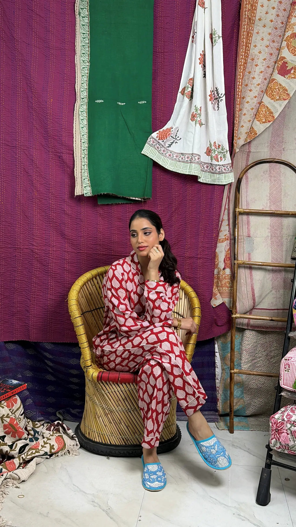 Women's Cotton Pajama Set in red white leaf