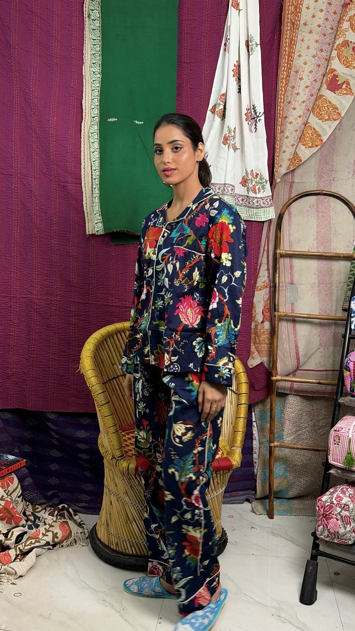 Ensemble pyjama en pur coton, chemise de nuit, Panama, bloc à main imprimé, vêtements de nuit, vêtements de salon de printemps | Ensemble de nuit confortable à rayures florales de lotus d'été de luxe