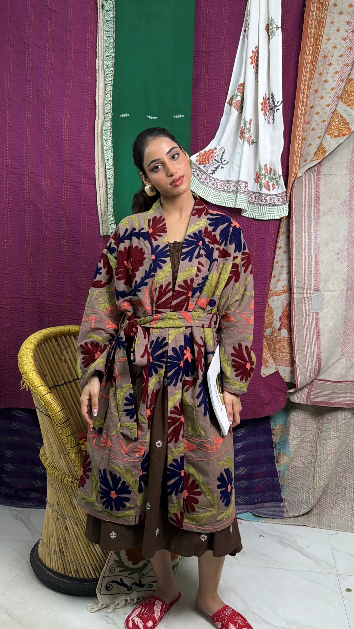 Cotton Women Kimono Suzani Embroidery Jacket Robe, Artisan Hand Embroidered Open Front Duster, Boho Gypsy Resort Wear Sustainable Clothing