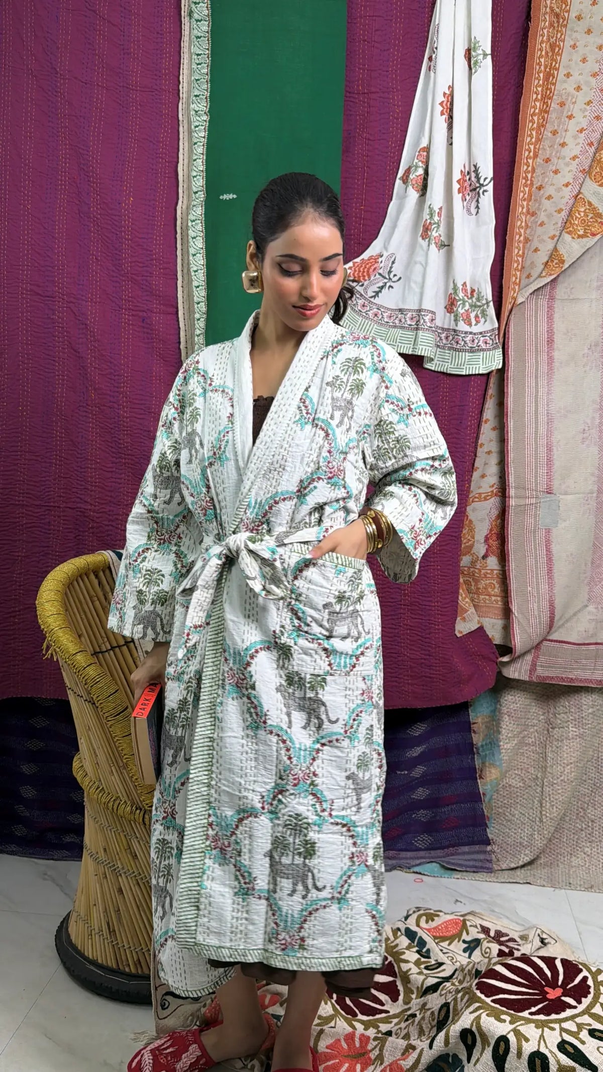Kantha Pure Cotton Reversible Short Kimono Women Jacket Jungle Print White Green