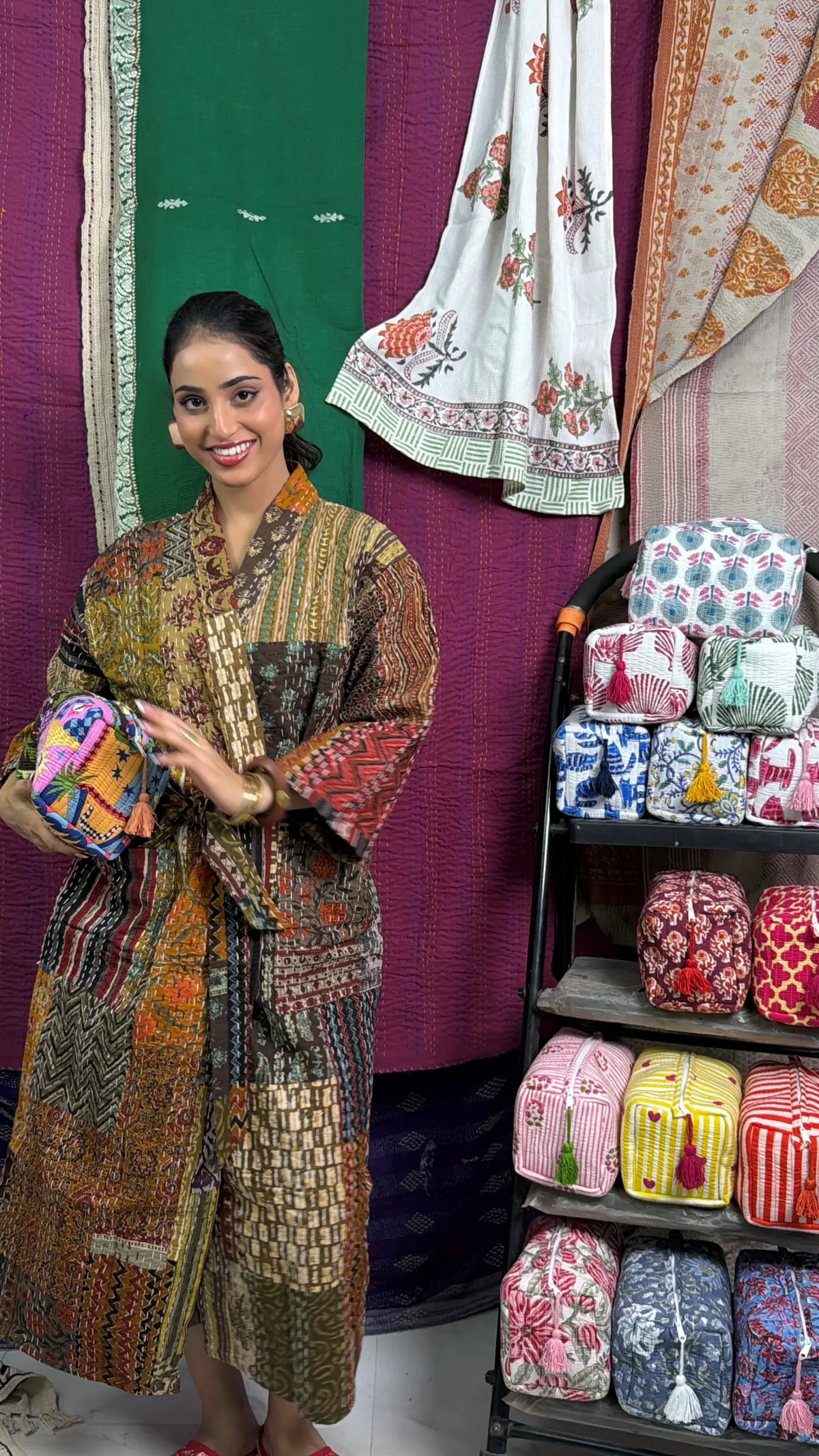Kantha Pure Cotton Reversible Short Kimono Women Jacket Patchwork Beige Brown