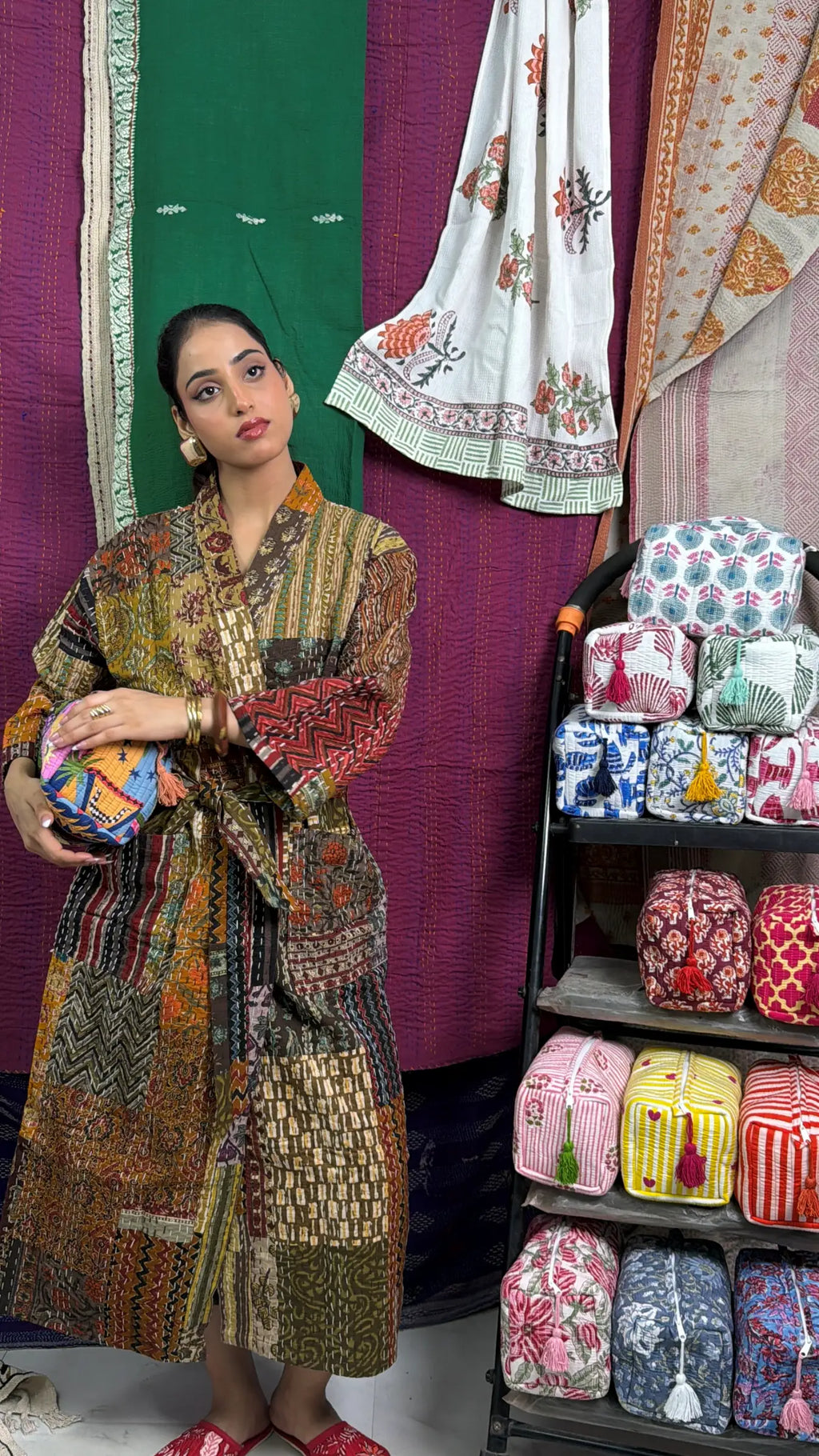 Women's reversible Kantha-stitched Cotton Short Jacket in beige brown patchwork