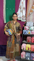 Women's reversible Kantha-stitched Cotton Short Jacket in beige brown patchwork