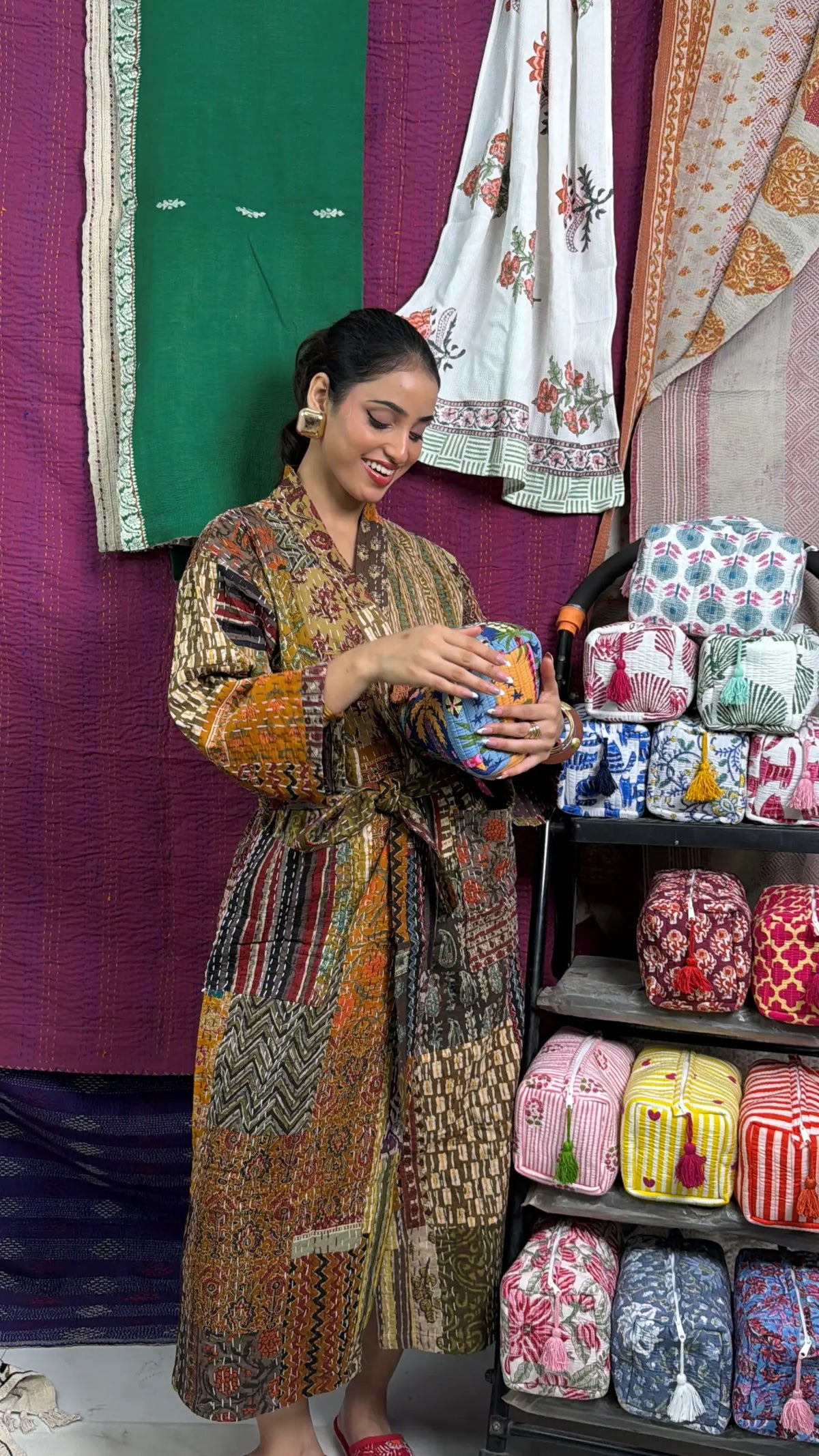 Women's reversible Kantha-stitched Cotton Short Jacket in beige brown patchwork