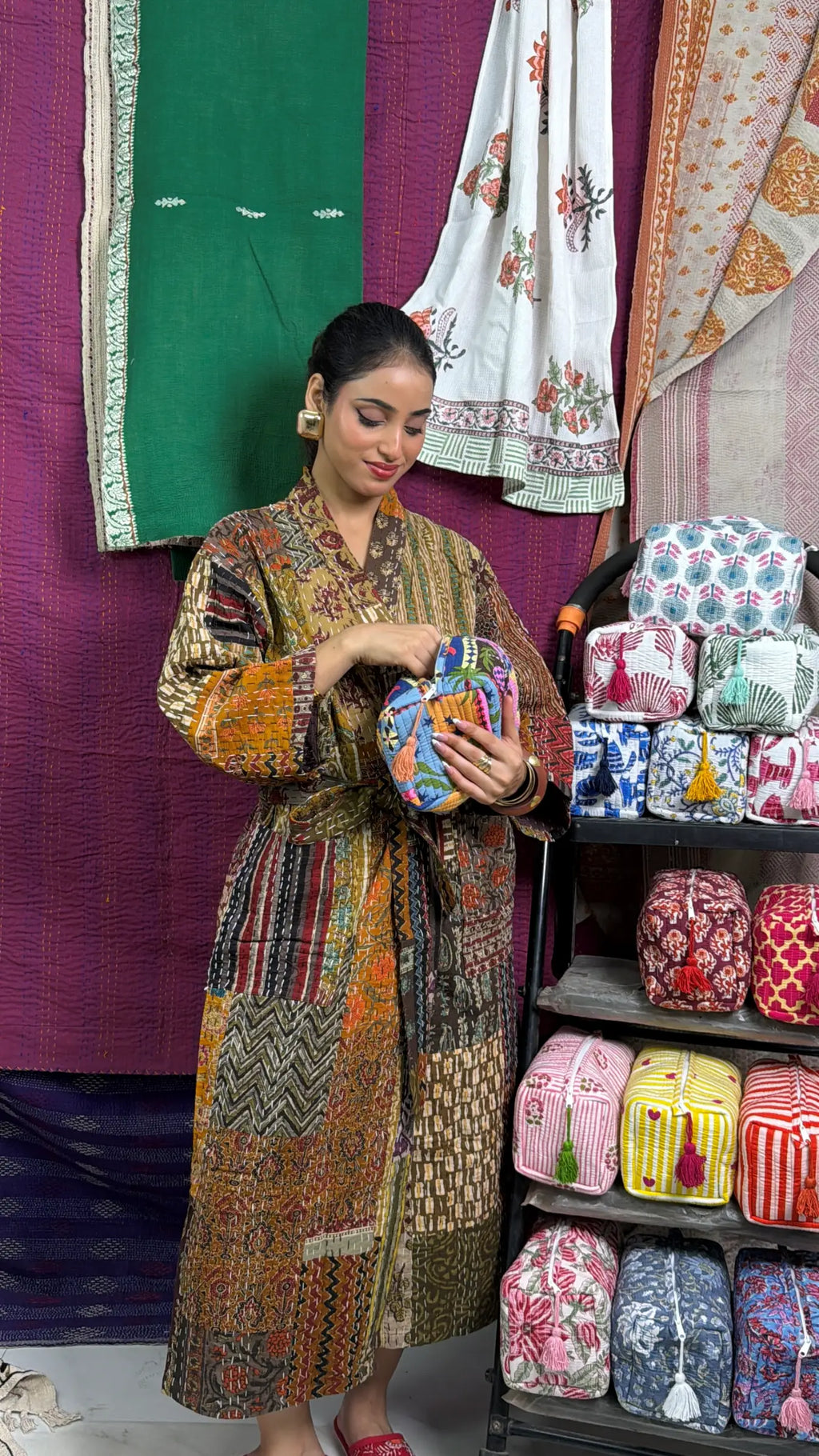 Women's reversible Kantha-stitched Cotton Short Jacket in beige brown patchwork