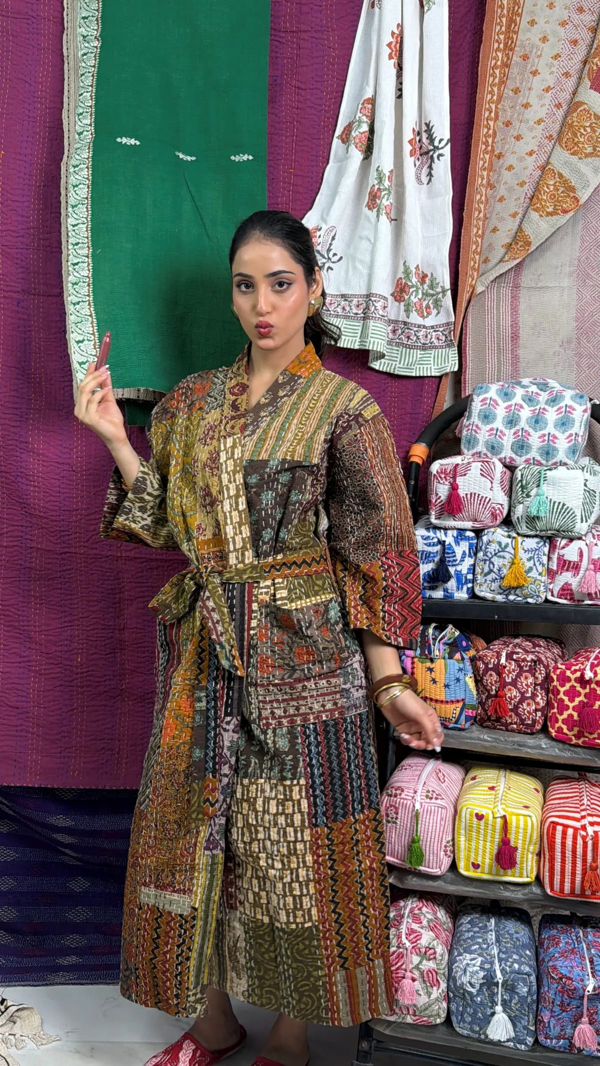Kantha Pure Cotton Reversible Short Kimono Women Jacket Patchwork Beige Brown