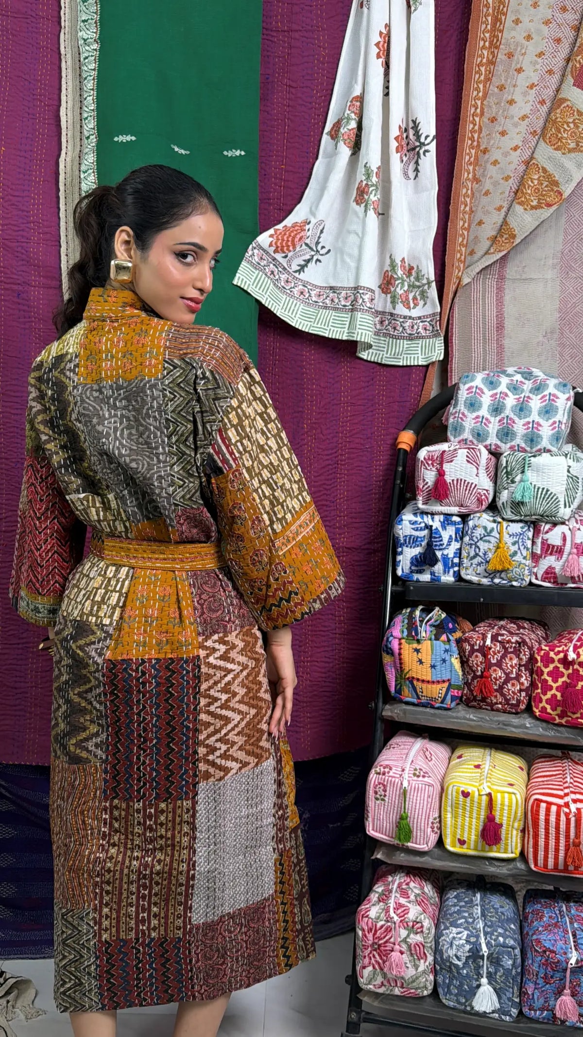 Kantha Pure Cotton Reversible Short Kimono Women Jacket Patchwork Beige Brown