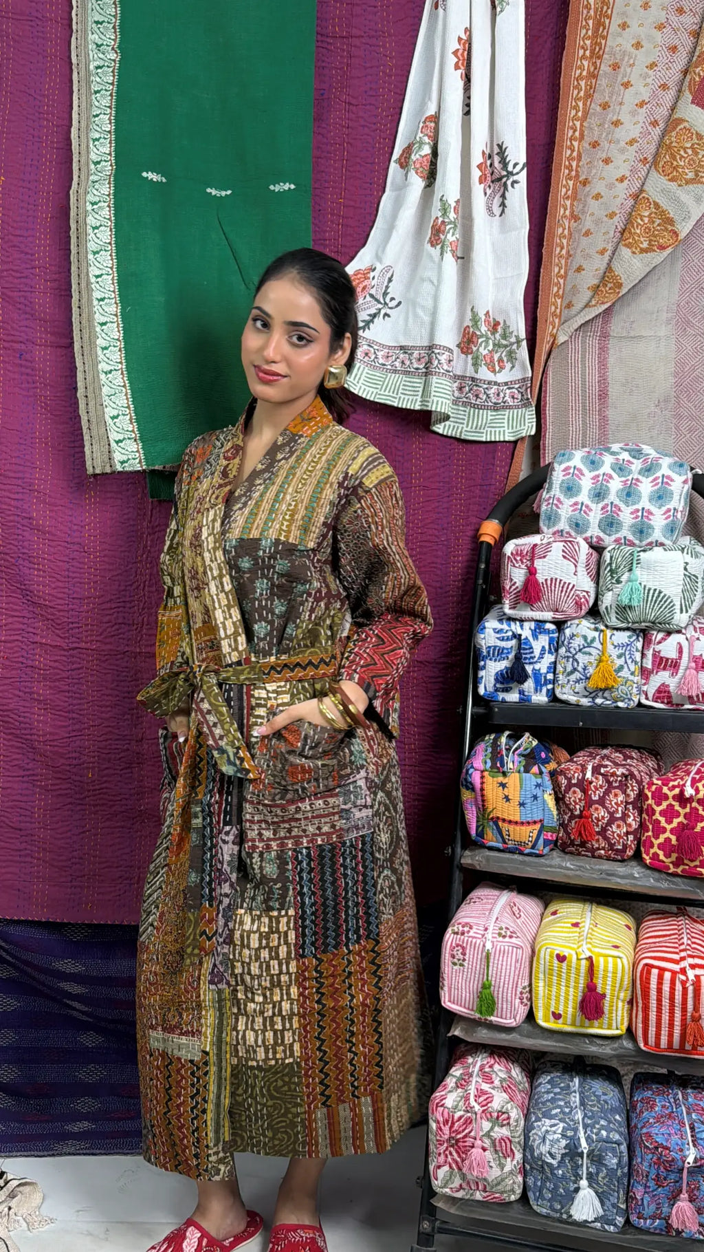 Women's reversible Kantha-stitched Cotton Short Jacket in beige brown patchwork