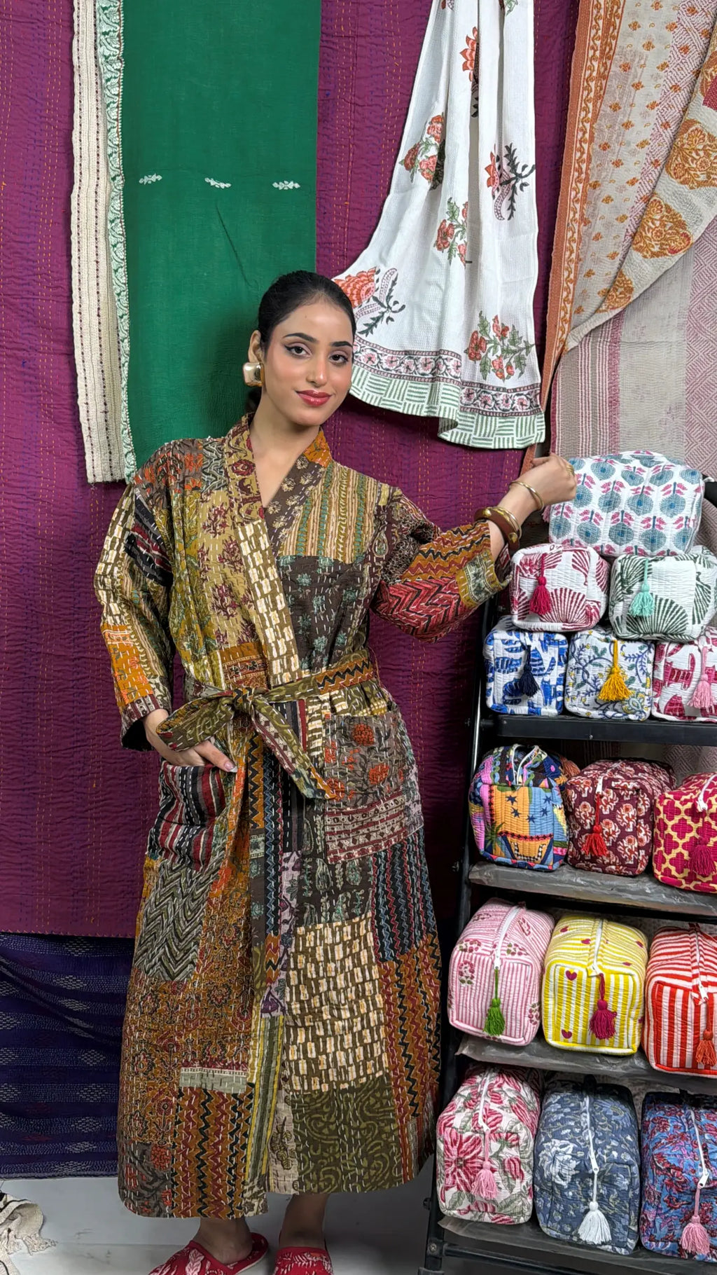 Women's reversible Kantha-stitched Cotton Short Jacket in beige brown patchwork