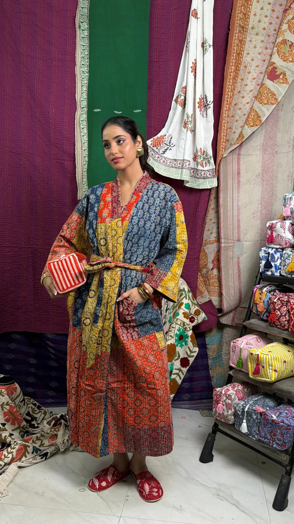 Unisex reversible Kantha-stitched Cotton Long Kimono Robe in red orange yellow