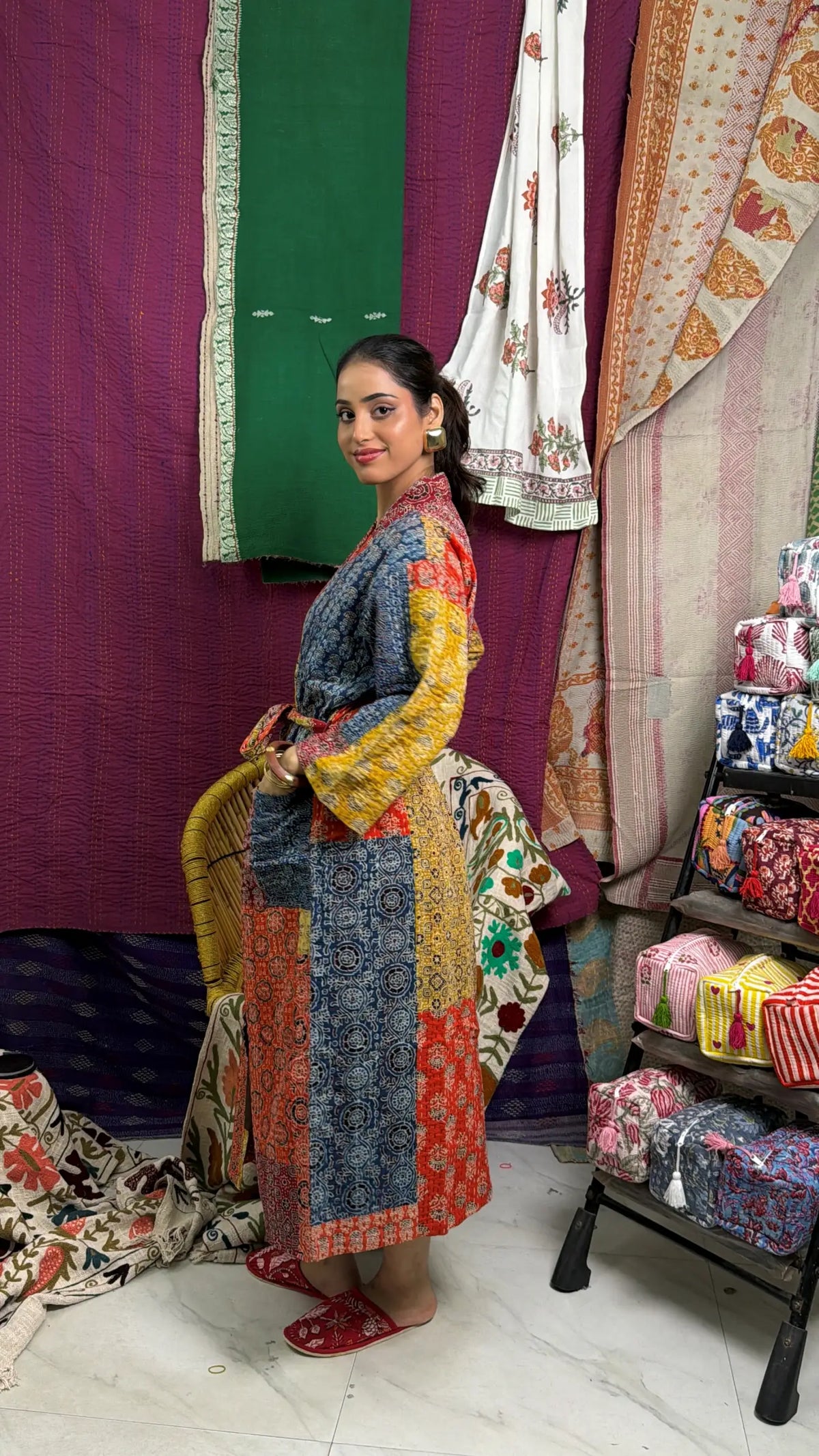 Unisex reversible Kantha-stitched Cotton Long Kimono Robe in red orange yellow