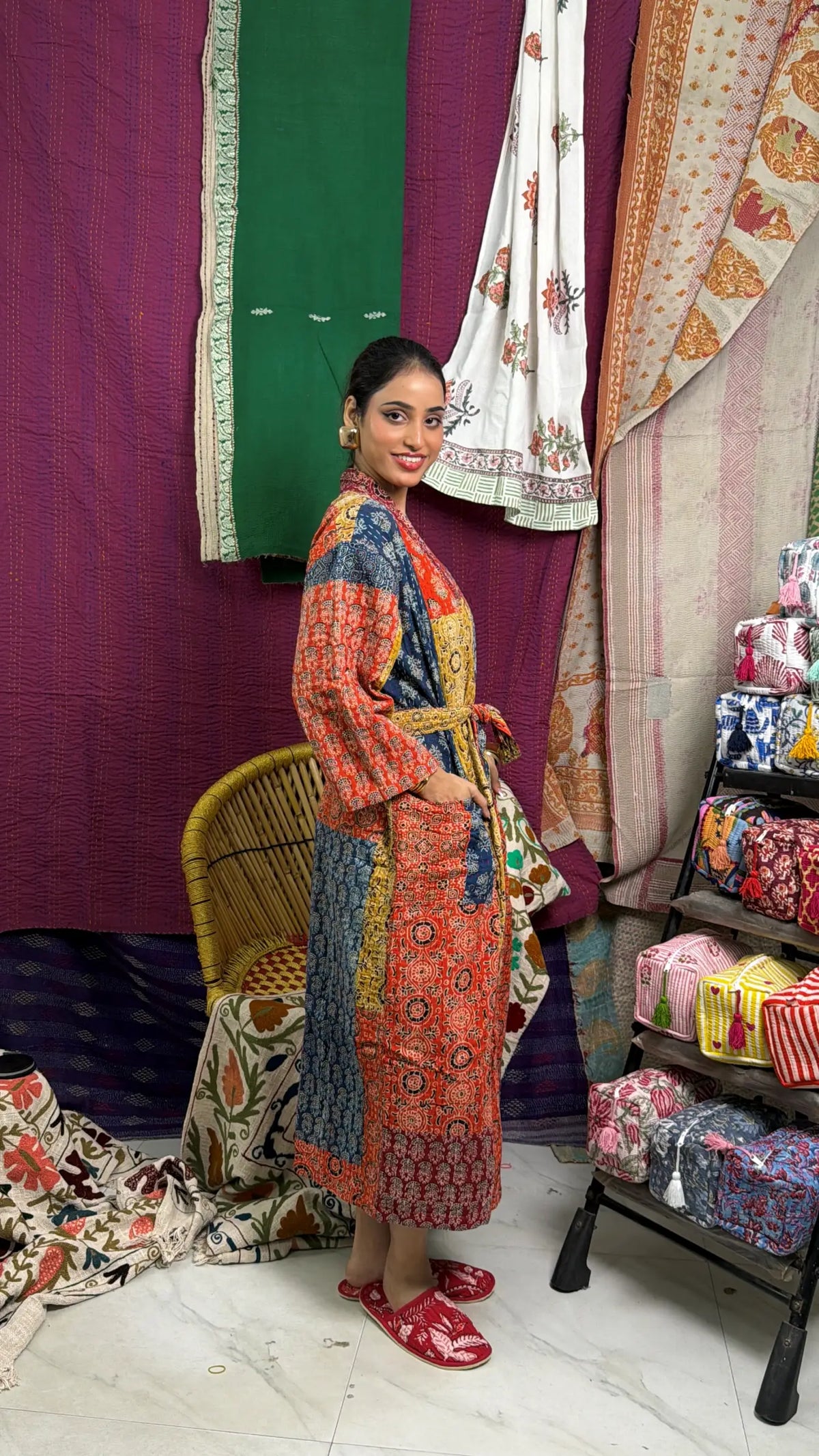 Unisex reversible Kantha-stitched Cotton Long Kimono Robe in red orange yellow