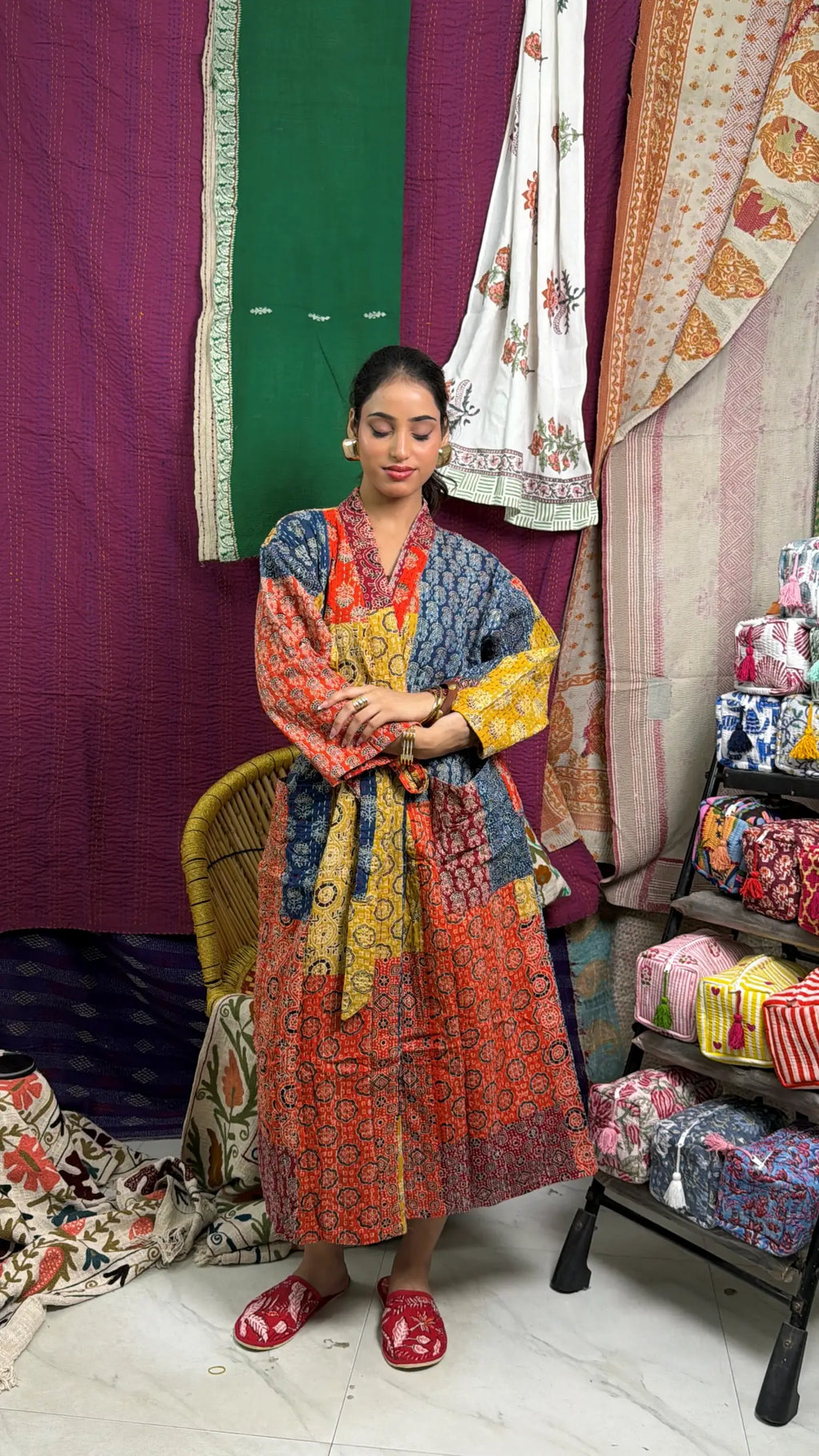Unisex reversible Kantha-stitched Cotton Long Kimono Robe in red orange yellow