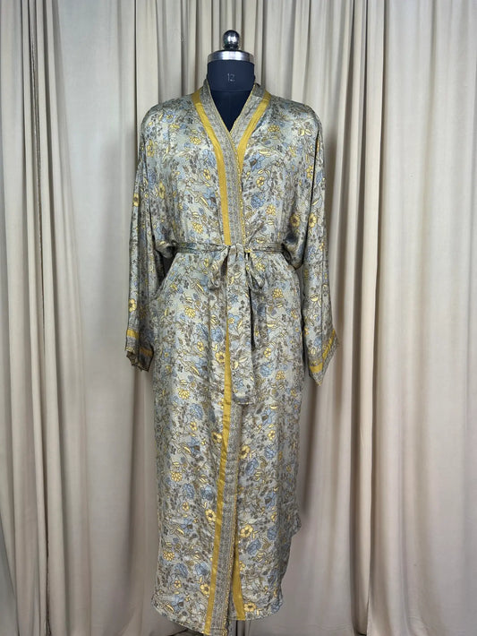 Recycle Silk Sari Women Kimono | Boho Chic Beach Cover Up Vintage Lounge Dressing Robe l Resort Wear Regal Gypsy House Robe | Yellow Floral