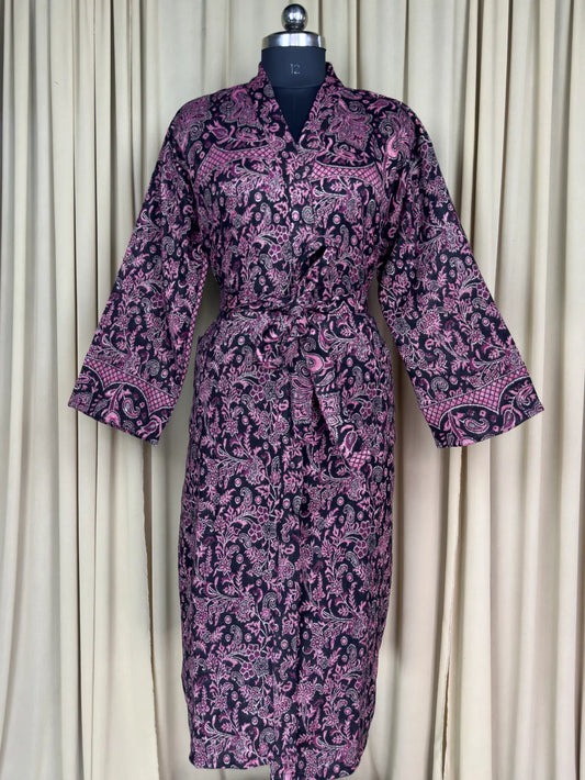 Yak Wool Blend Women Kimono Robe, Cozy Warm Winter Romance Loungewear | Black Floral Cardigan House Coat with Pockets, Quirky Christmas Gift