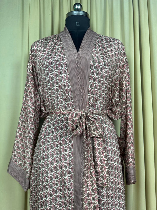 Recycle Silk Sari Women Kimono | Boho Chic Beach Cover Up Vintage Lounge Dressing Robe l Resort Wear Regal Gypsy House Robe | Beige Floral