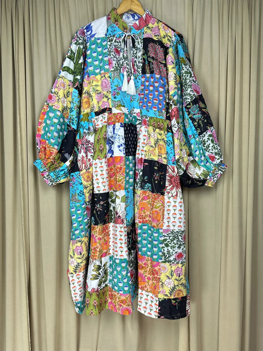 Boho Maxi Dress With Sleeves | Handmade Patchwork Long Flowy Beach Dress, One-of-a-kind Elegant Retro Outfit, Modest Gown with Pockets