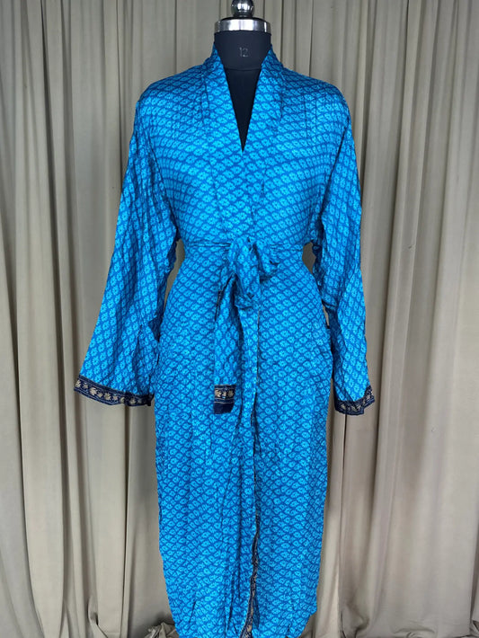 Silky Soft Men’s Kimono Robe | Masculine Elegant Classic Sustainable Vintage House Robe gift | Timeless Comfy Lounge Beach Wear, Blue Floral