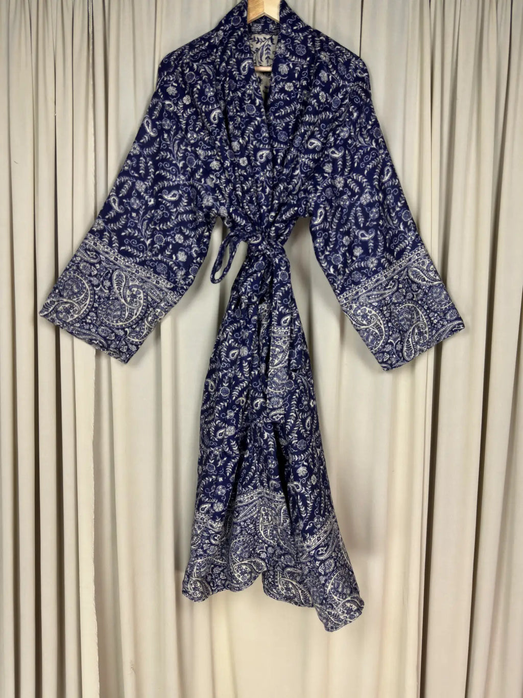 Yak Wool Blend Women Kimono Robe, Cozy Warm Winter Romance Loungewear | Blue Paisley Cardigan House Coat with Pockets, Quirky Christmas Gift