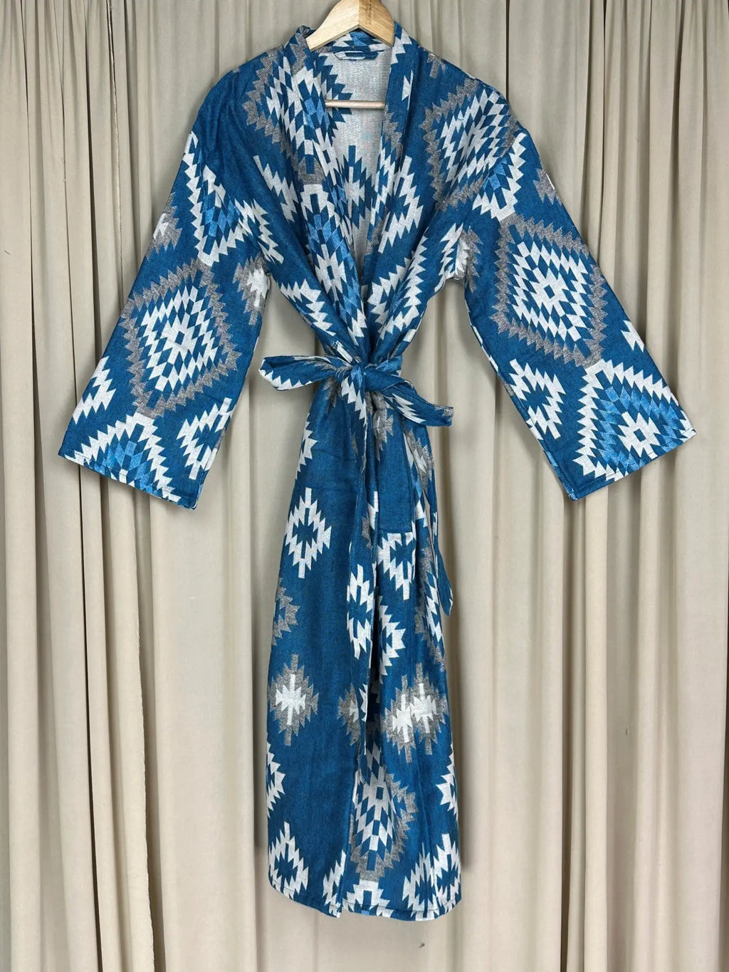 Yak Wool Blend Women Kimono Robe, Cozy Winter Romance Loungewear, Blue Diamond Print Cardigan House Coat with Pockets, Quirky Christmas Gift