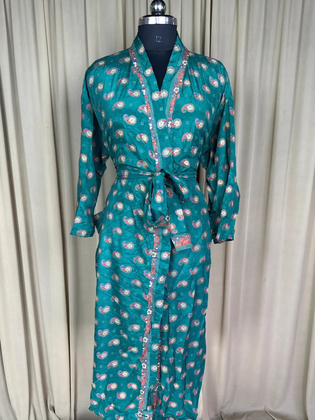 Women's Recycled Silk Kimono Robe in green paisley